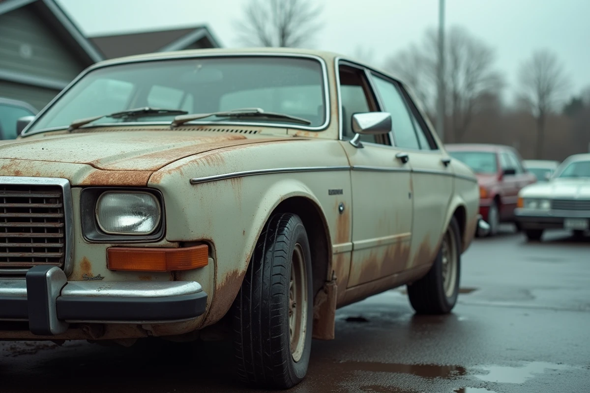 Voiture d'occasion avec kilométrage élevé garée dans un lot de véhicules usagés, montrant de l'oxydation et de la rouille visibles sur la carrosserie