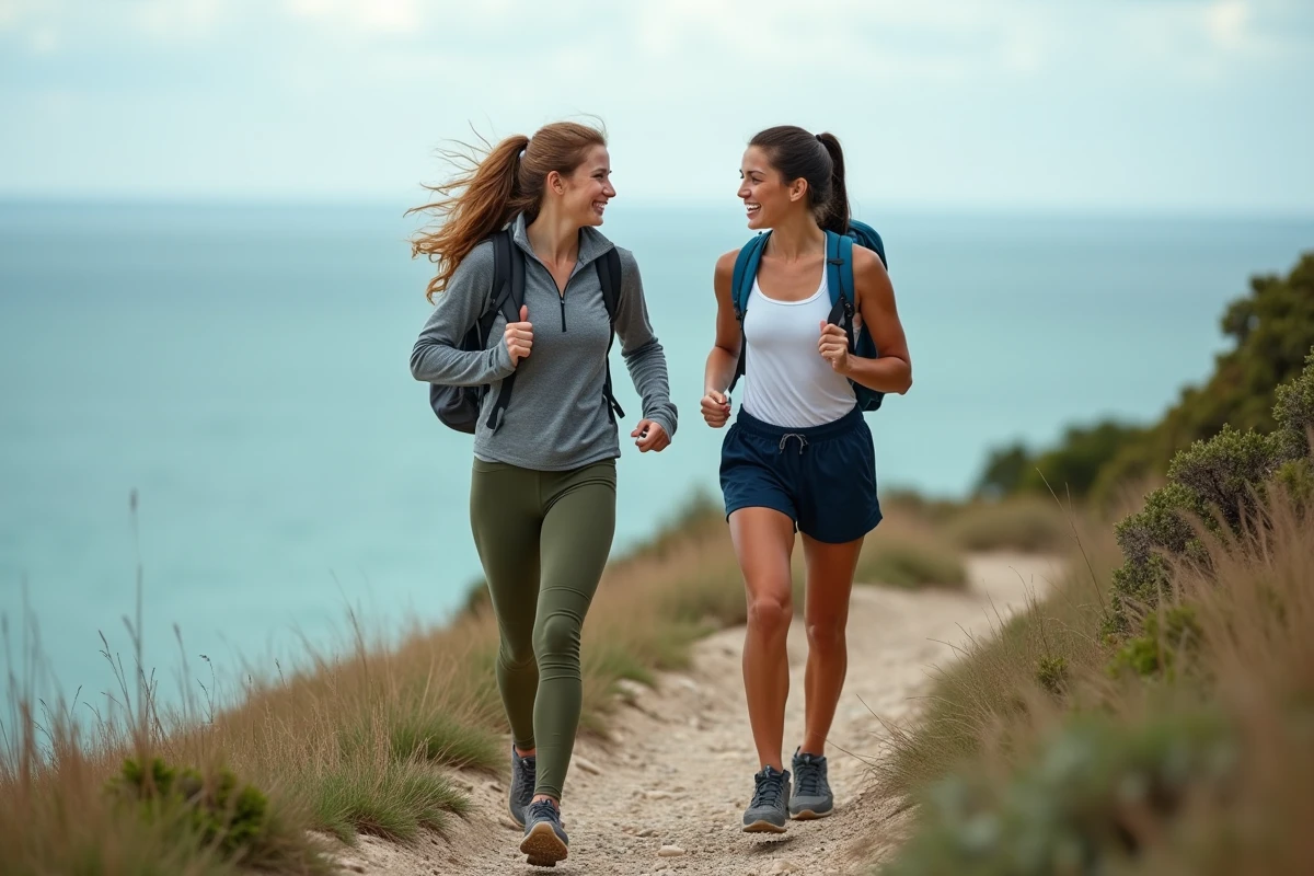 Deux amies randonnent sur un sentier côtier lors d'un voyage entre filles riche en aventure et liberté