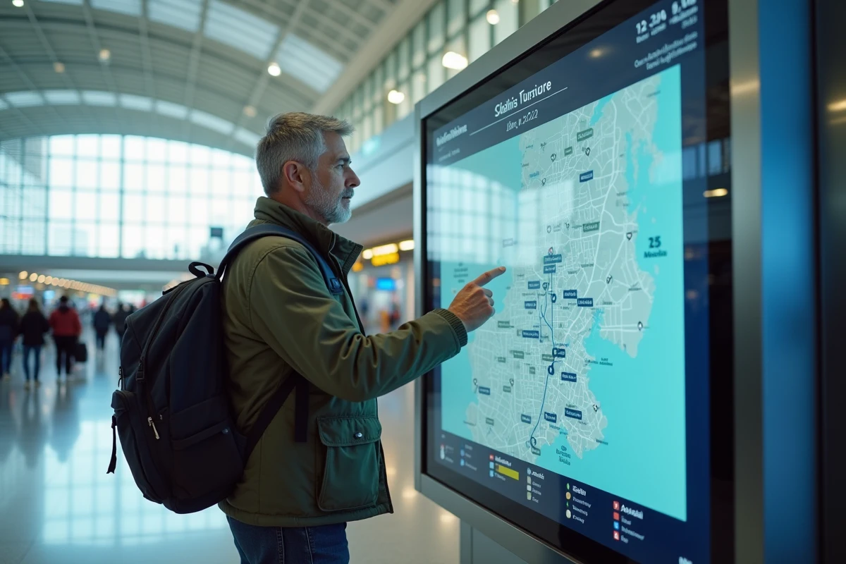 Voyageur utilisant une borne interactive numérique pour planifier son itinéraire touristique dans un aéroport international