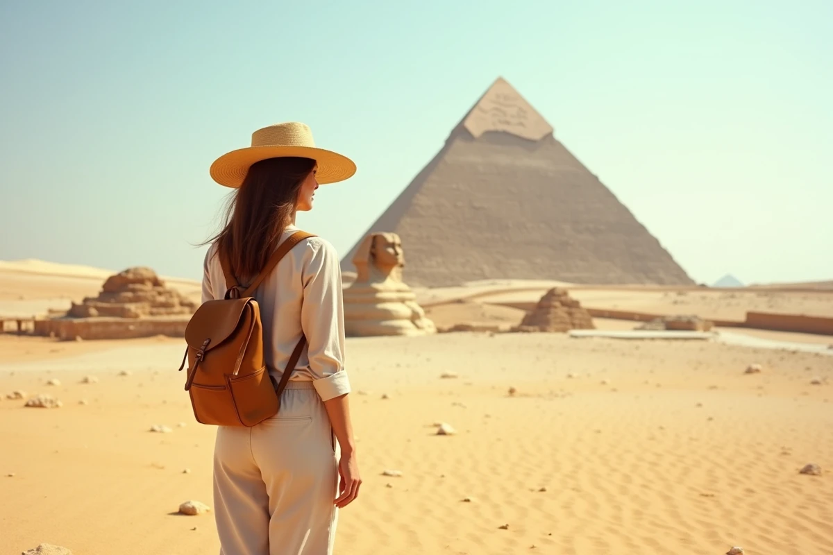 Voyageuse devant le Sphinx de Gizeh et les pyramides d'Égypte