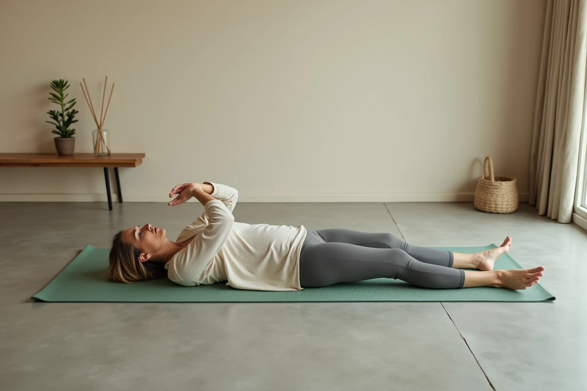 Vue aérienne d'une femme allongée en posture de savasana sur un tapis de yoga vert sauge dans un studio calme et minimaliste