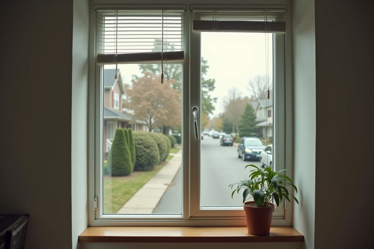 Vue intérieure depuis une fenêtre américaine sans volets donnant sur une rue résidentielle suburbaine avec maisons et arbres
