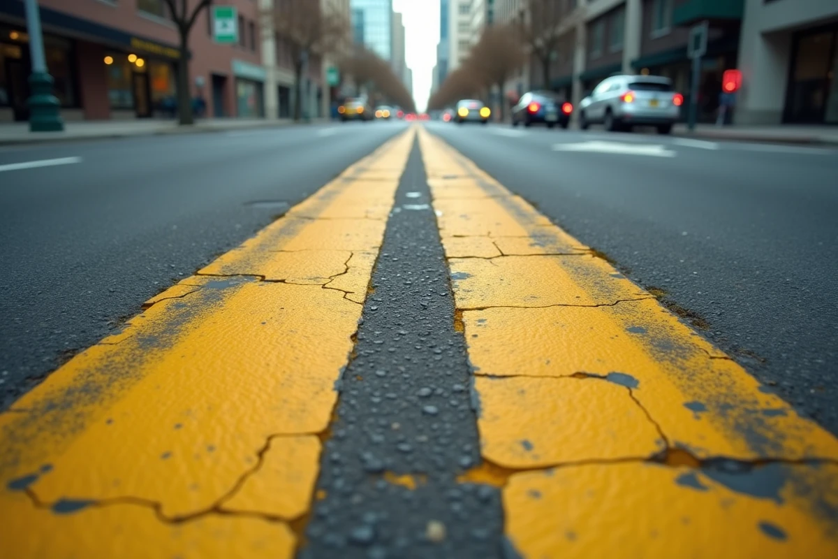 Marquages jaunes au sol d'une zone jaune à une intersection urbaine